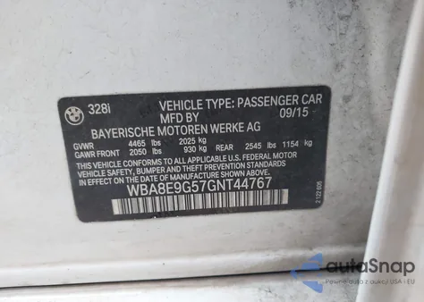 2016 BMW 3 Series из США, поврежденный, VIN WBA8E9G57GNT44767